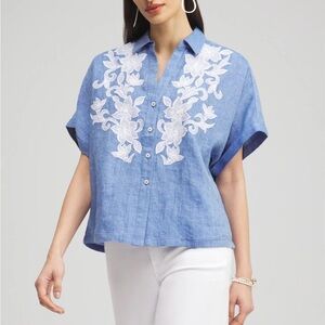 NEW Chico's Linen Embroidered Appliqué Button Down Women Shirt Floral Coastal 10